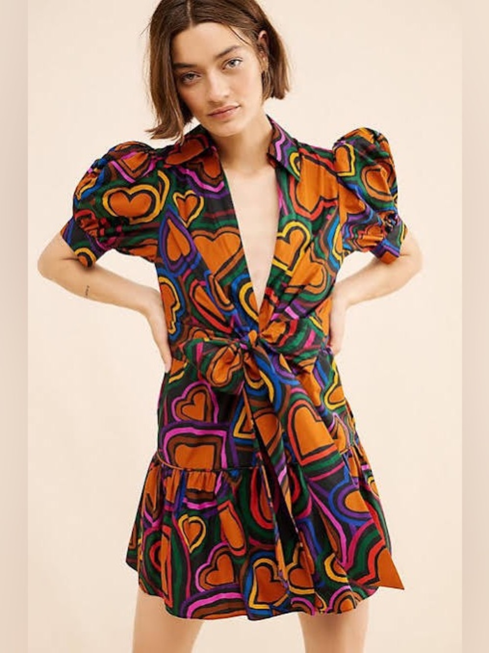 FARM Rio Short-Sleeve Bow-Front Mini Dress